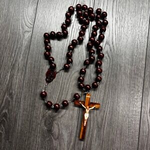 Vintage Large Brown Wood Bead Rosary Necklace Catholic Crucifix Mary Medallion